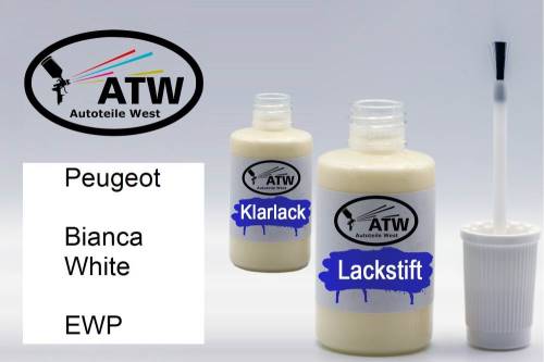 Peugeot, Bianca White, EWP: 20ml Lackstift + 20ml Klarlack - Set, von ATW Autoteile West.